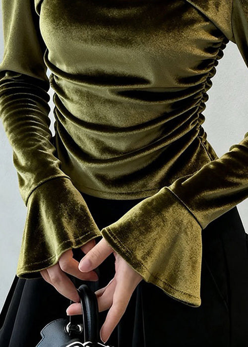 Women Green Wrinkled Hollow Out Silk Velour T Shirt Flare Sleeve