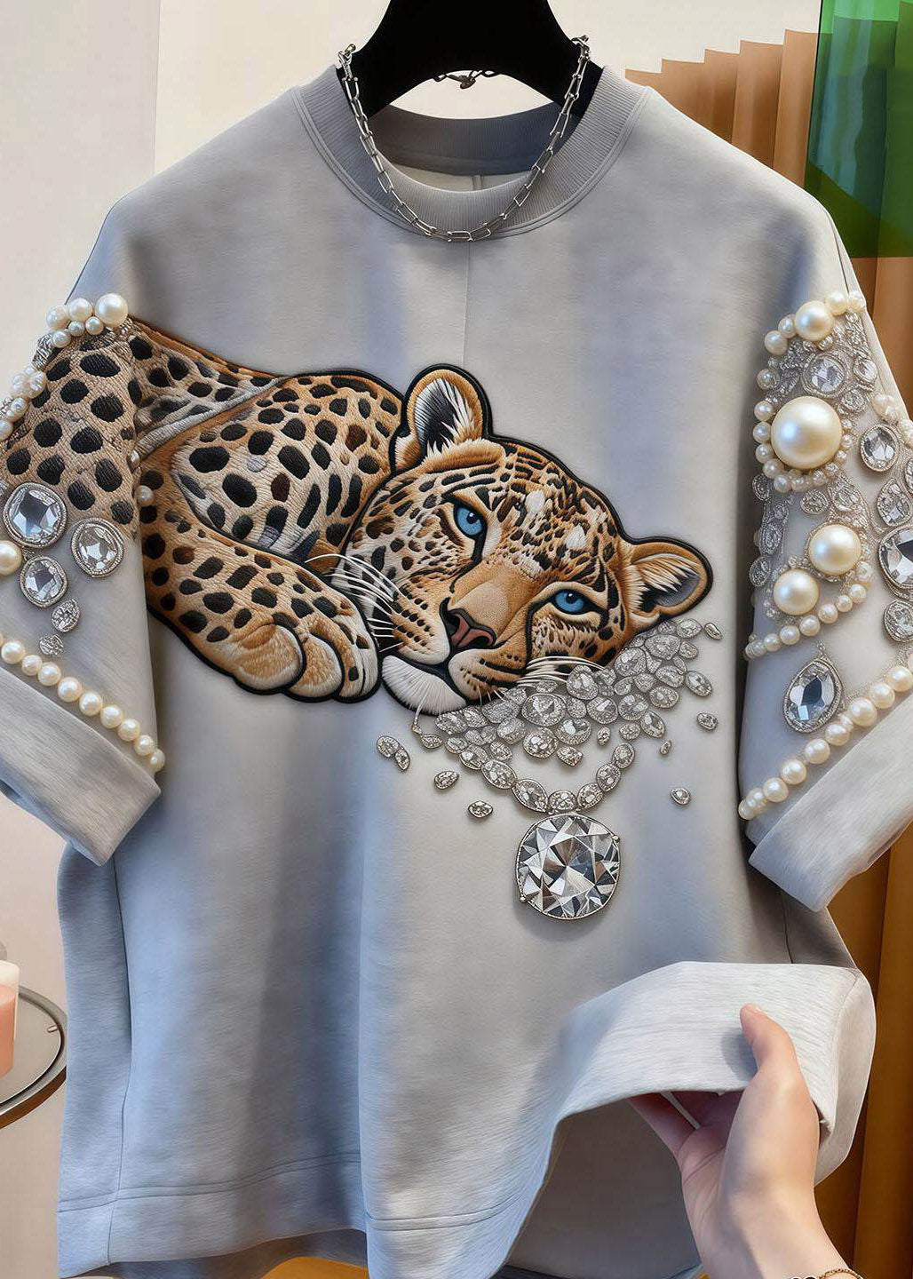 Women Grey Animal Print Nail Bead Tops Short Sleeve