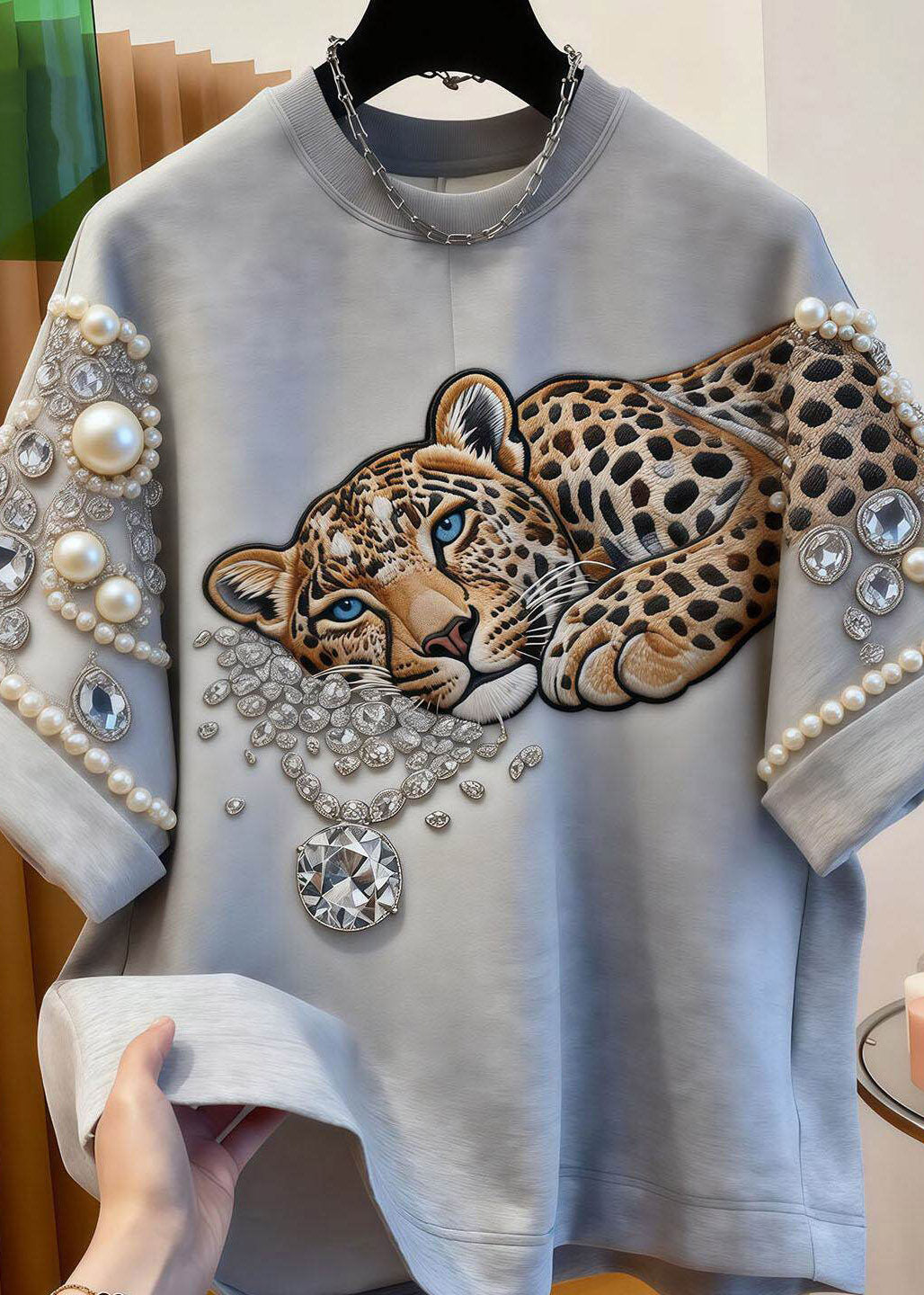 Women Grey Animal Print Nail Bead Tops Short Sleeve