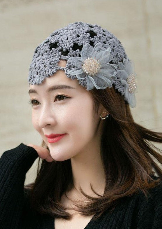 Women Grey Applique Hollow Out Knit Bonnie Hat