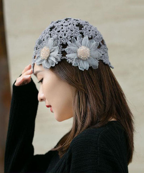 Women Grey Applique Hollow Out Knit Bonnie Hat