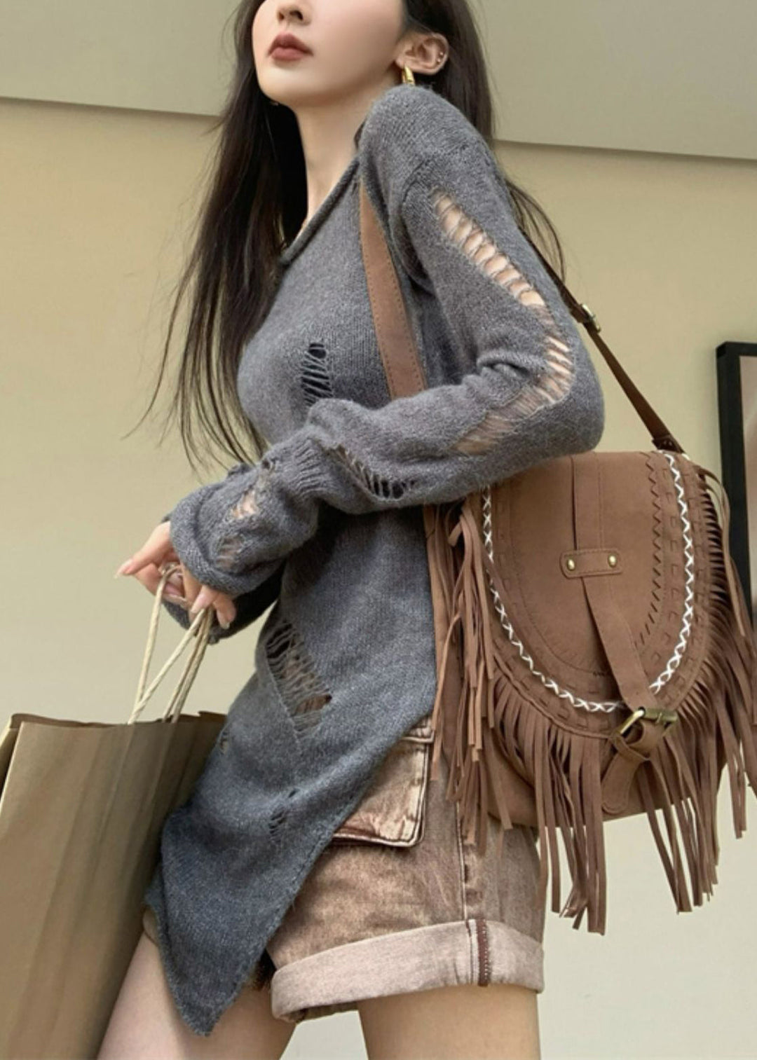Women Grey Asymmetrical Hollow Out Knit Sweater Spring
