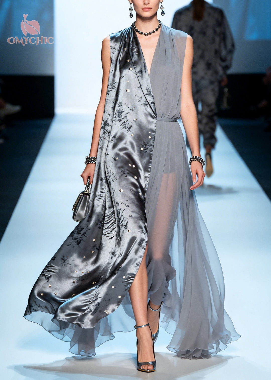 Women Grey Asymmetrical Patchwork Chiffon Fake Two Piece Dress Summer