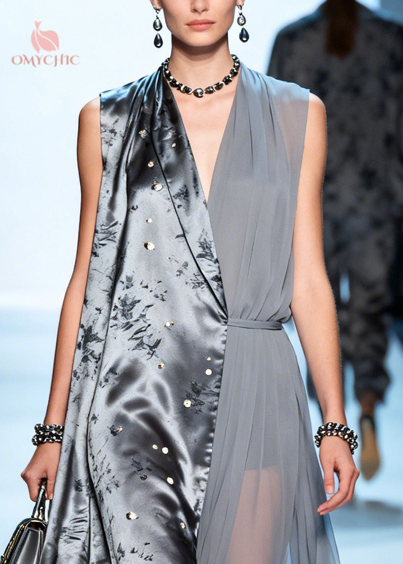 Women Grey Asymmetrical Patchwork Chiffon Fake Two Piece Dress Summer