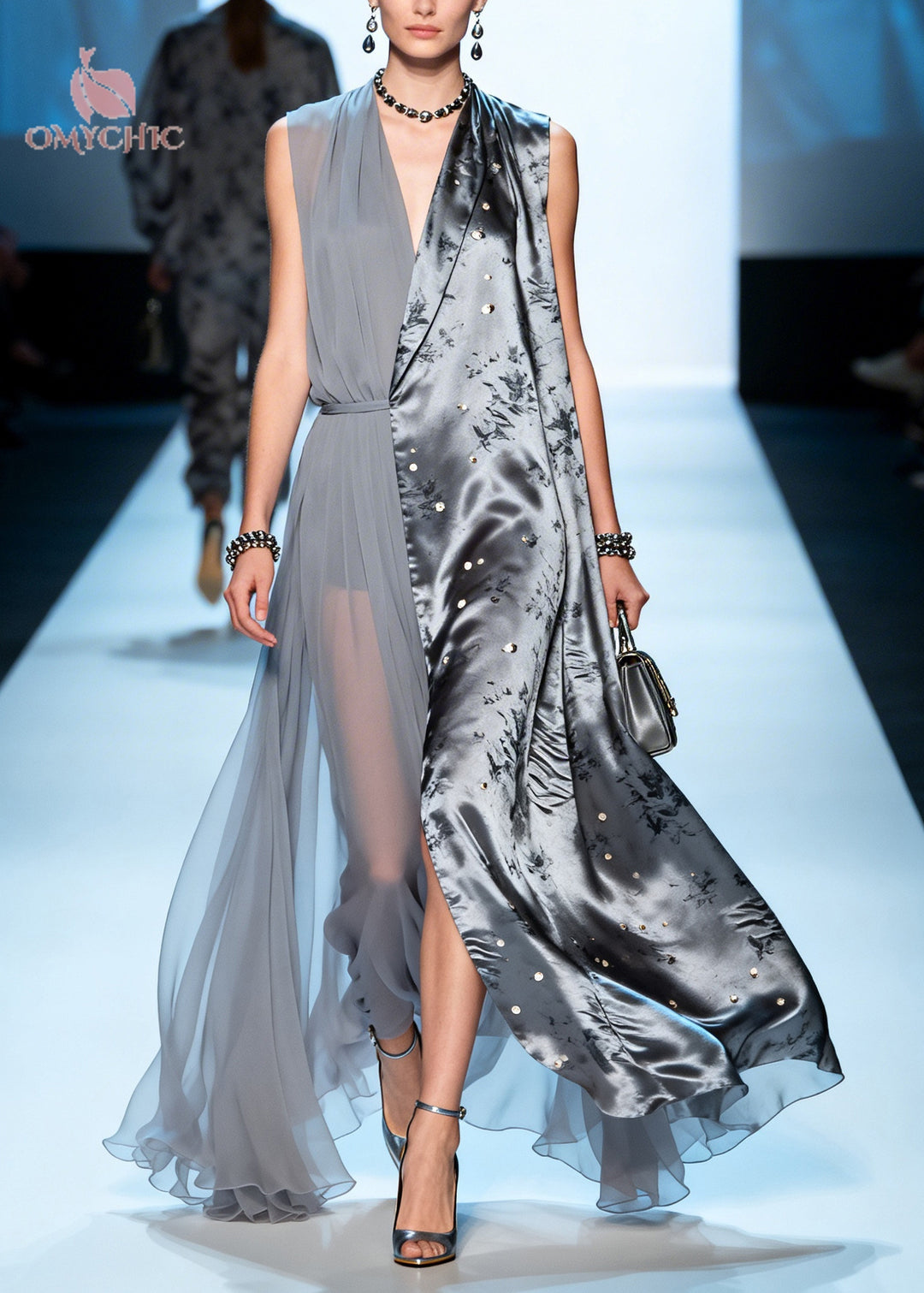 Women Grey Asymmetrical Patchwork Chiffon Fake Two Piece Dress Summer