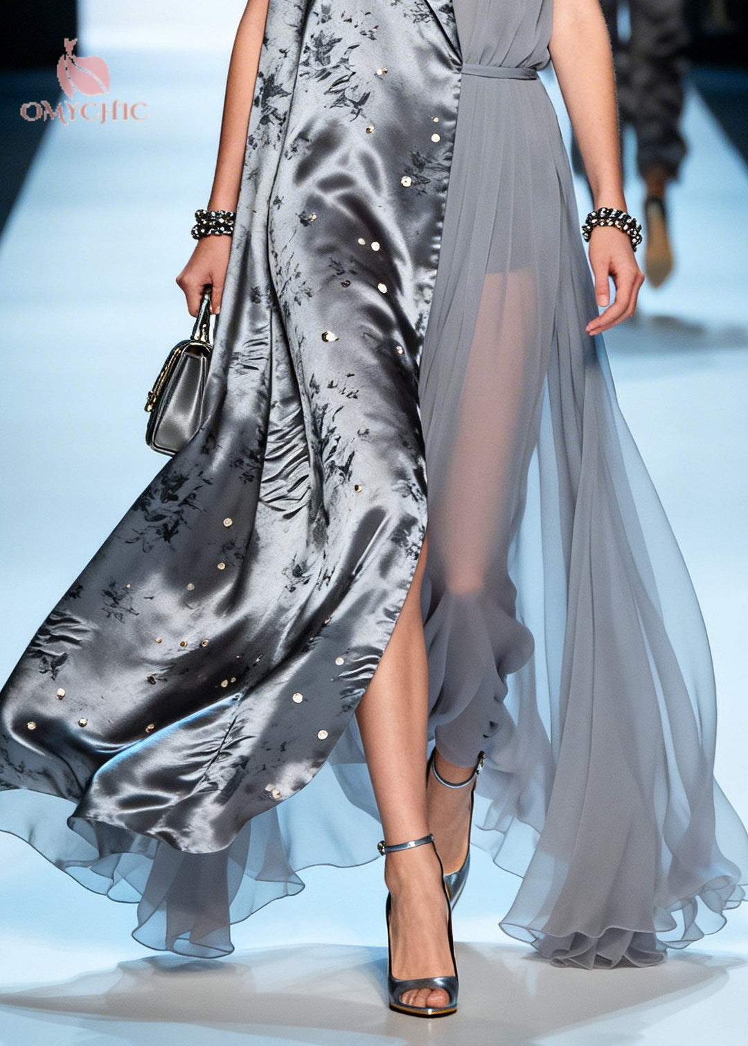 Women Grey Asymmetrical Patchwork Chiffon Fake Two Piece Dress Summer