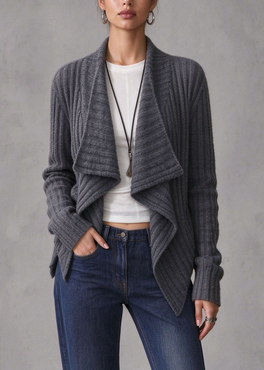 Women Grey Asymmetrical Wrinkled Knit Cardigans Fall