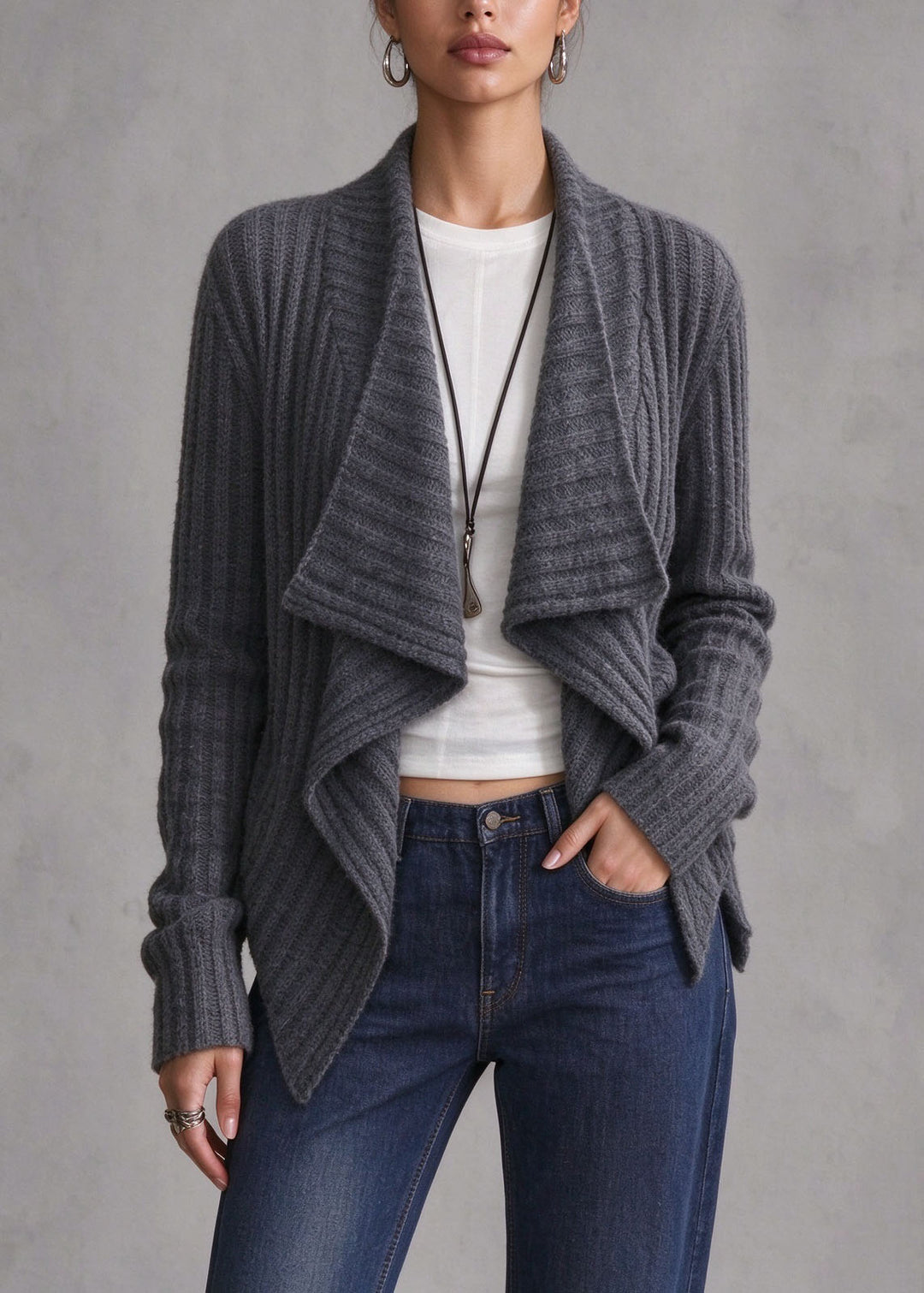 Women Grey Asymmetrical Wrinkled Knit Cardigans Fall
