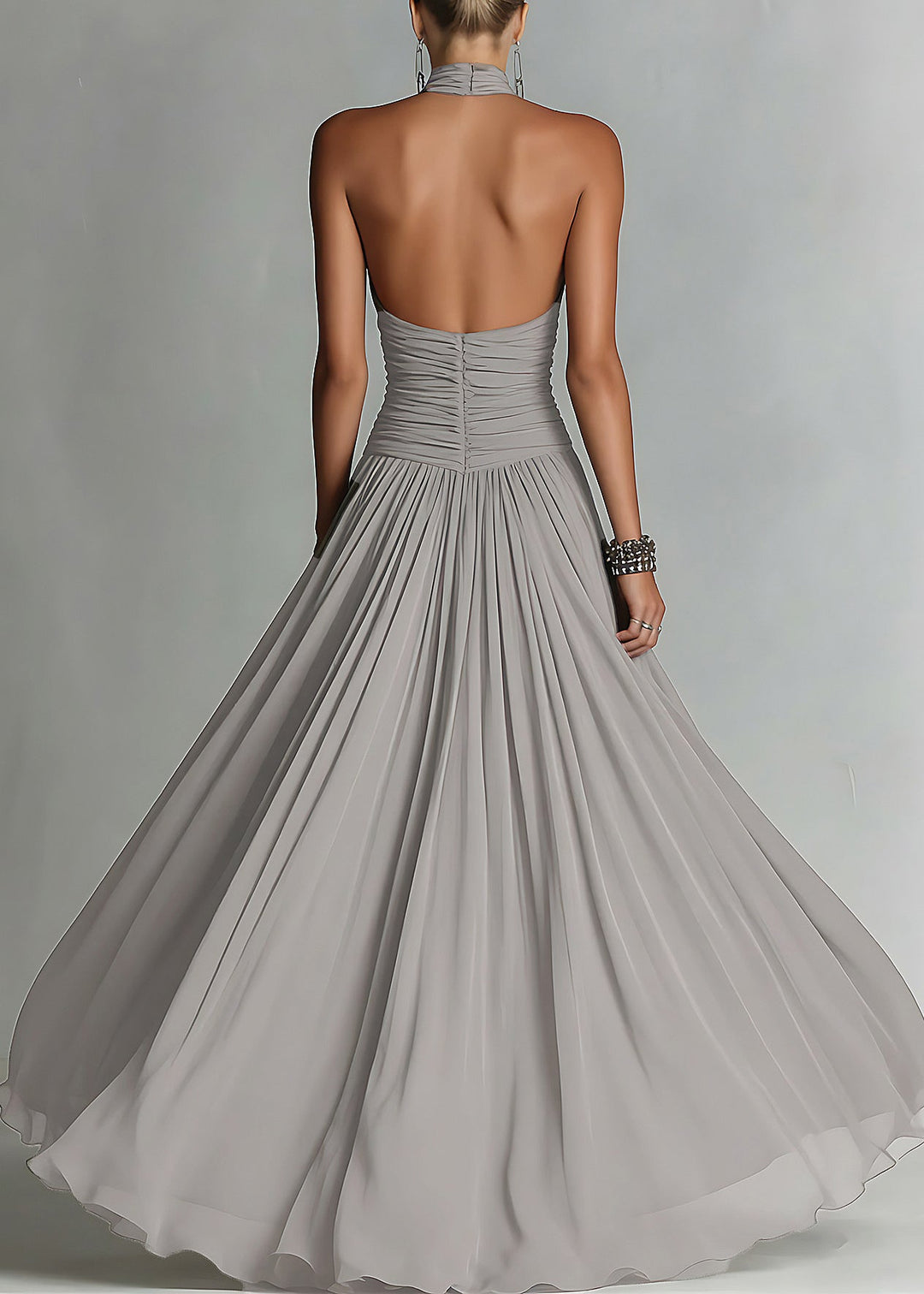 Women Grey Backless Halter Patchwork Chiffon Maxi Dress Summer