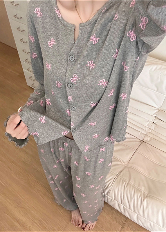 Women Grey Bow Print Cotton Women Pajama Sets Fall