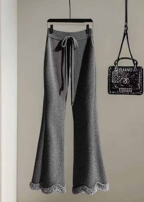 Women Grey Cozy Elastic Waist Knit Flared Trousers Fall