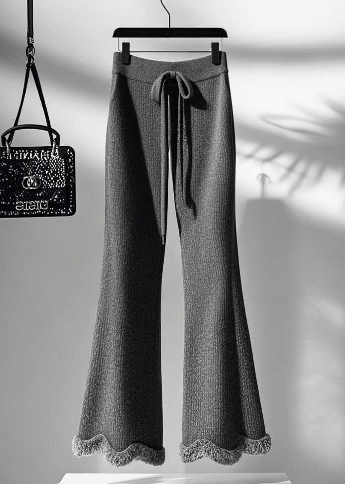Women Grey Cozy Elastic Waist Knit Flared Trousers Fall
