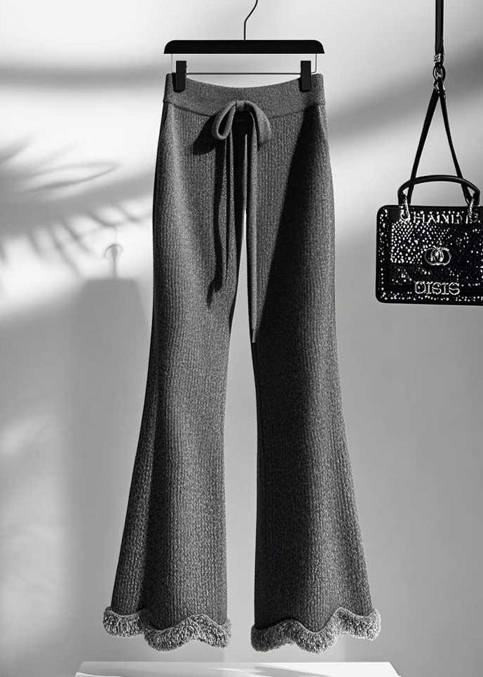 Women Grey Cozy Elastic Waist Knit Flared Trousers Fall