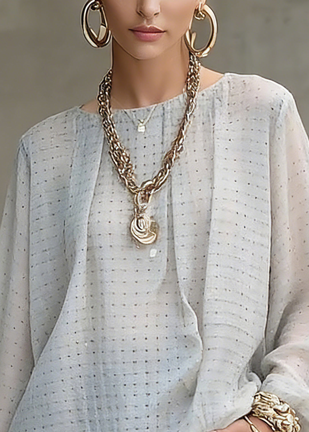 Women Grey Dot Print Top Lantern Sleeve