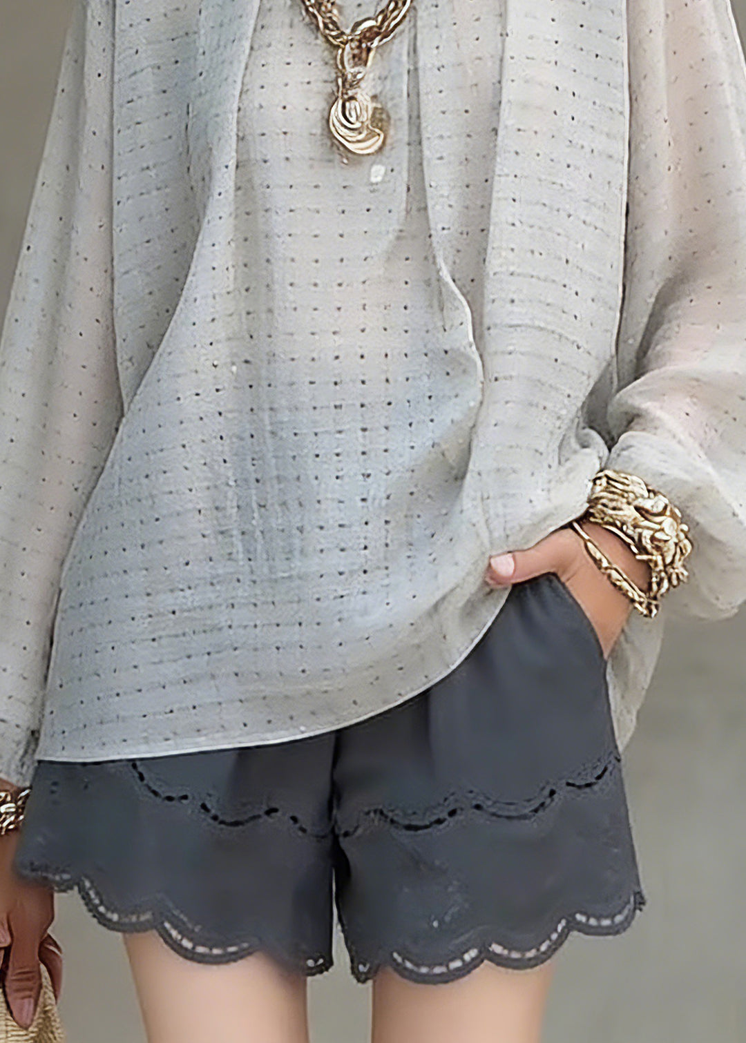 Women Grey Dot Print Top Lantern Sleeve