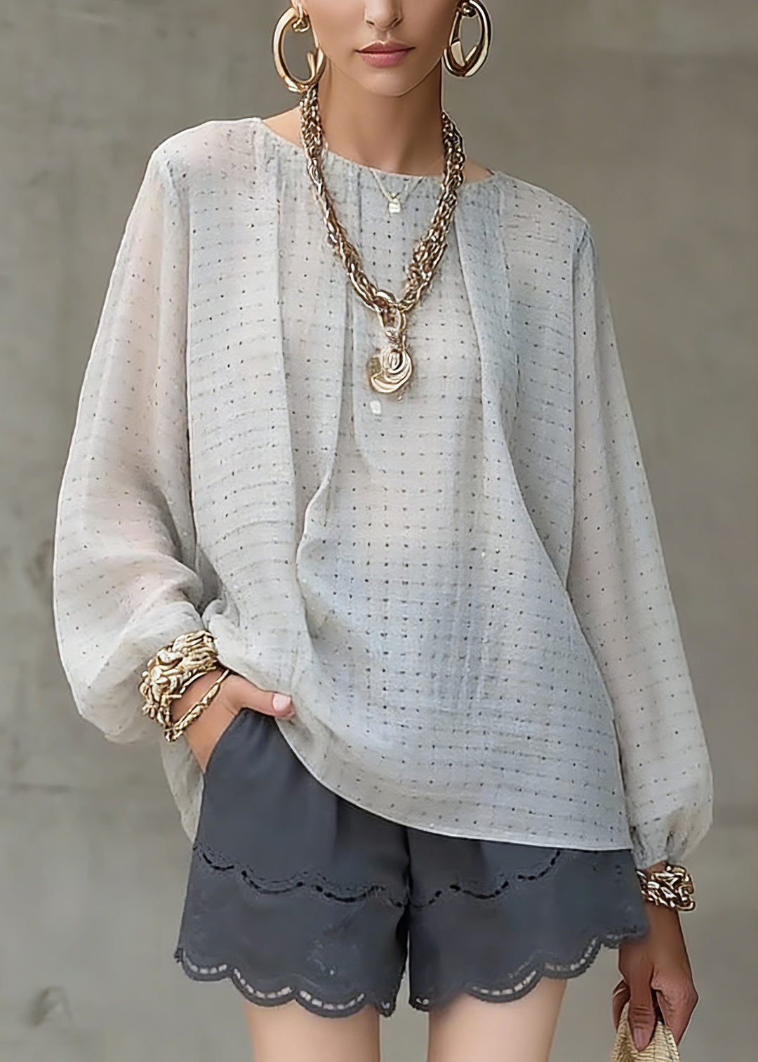 Women Grey Dot Print Top Lantern Sleeve