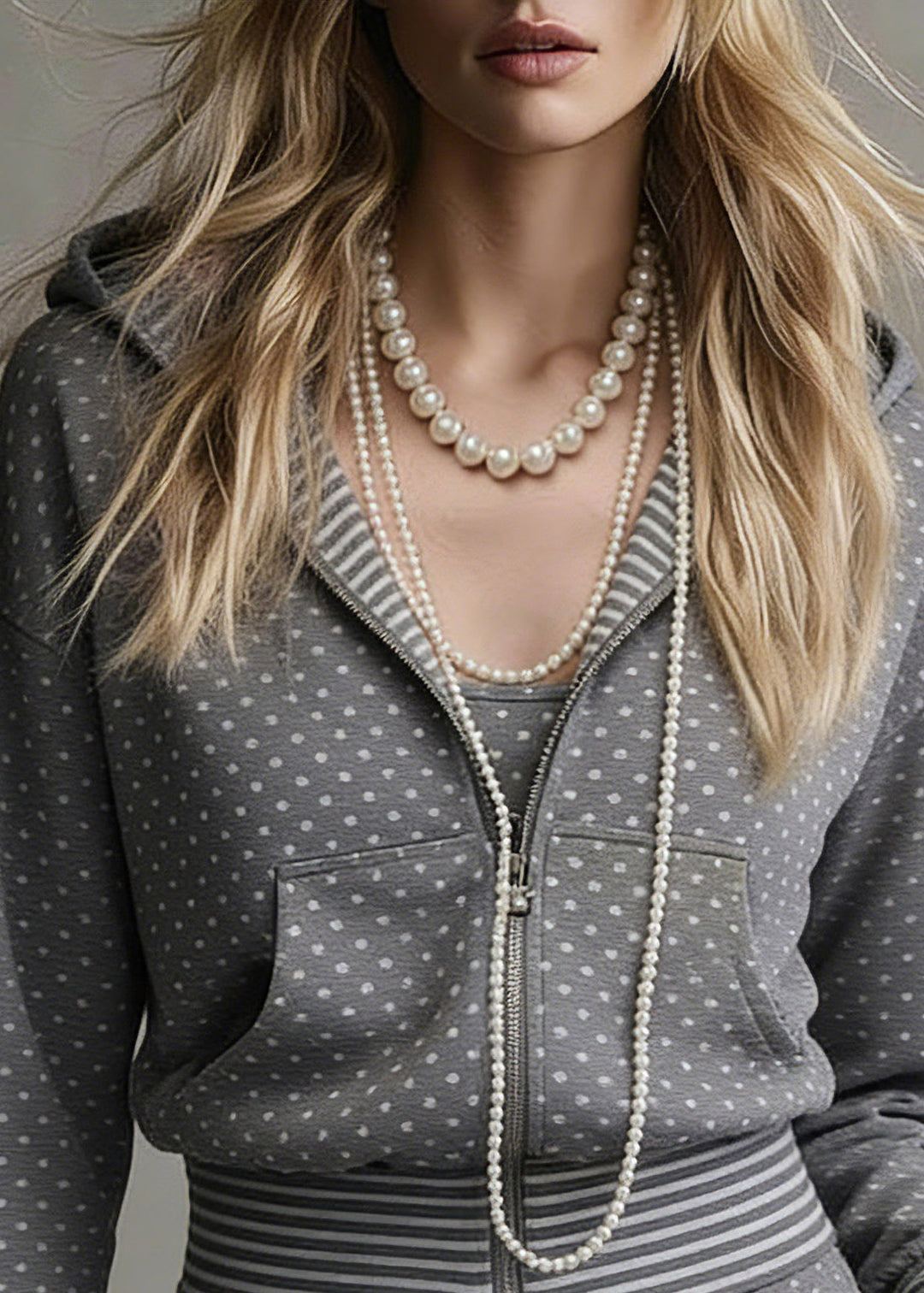 Women Grey Dot Zippered Pockets Hooded Coats Long Sleeve