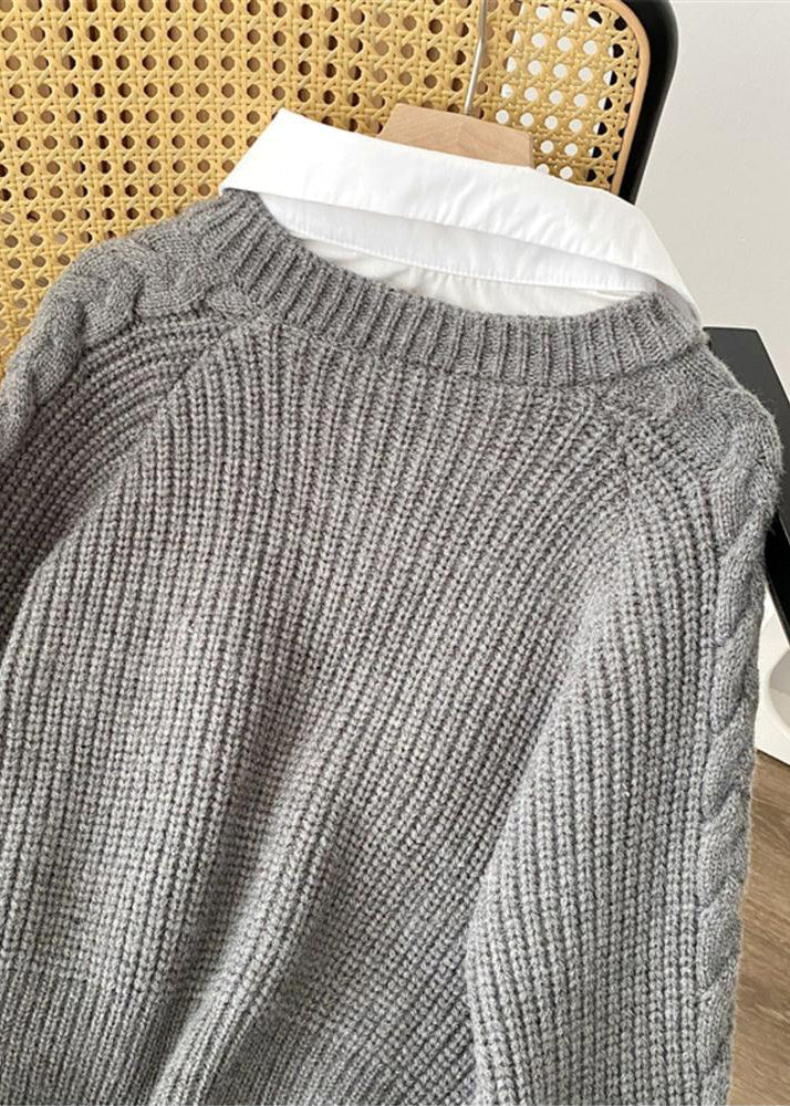 Women Grey False Two Pieces Patchwork Knit Pullover Spring