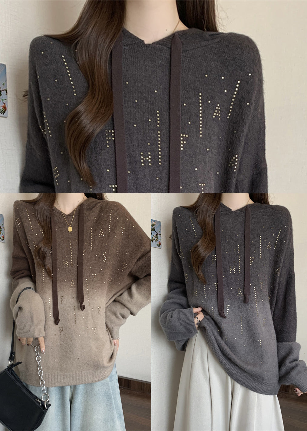 Women Grey Hooded Tie Dye Knit Pullover Sweatshirt Fall