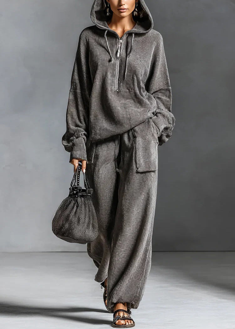 Women Grey Hooded Zippered Elastic Waist Two Pieces Set Spring