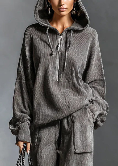 Women Grey Hooded Zippered Elastic Waist Two Pieces Set Spring