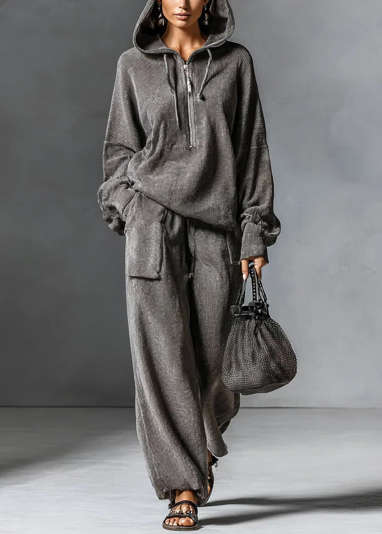 Women Grey Hooded Zippered Elastic Waist Two Pieces Set Spring