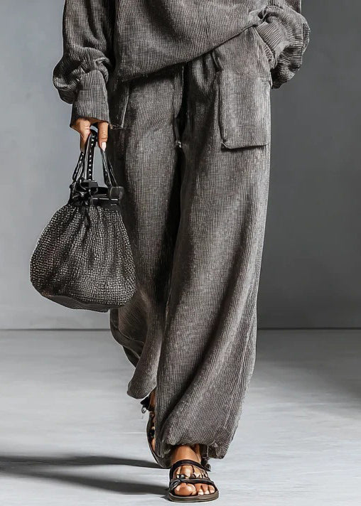 Women Grey Hooded Zippered Elastic Waist Two Pieces Set Spring