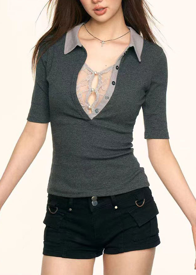 Women Grey Lace Patchwork Cotton T Shirt Top Summer