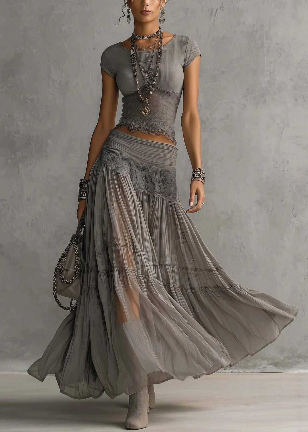 Women Grey Lace Patchwork Tops And Skirts Cotton Two Pieces Set Summer