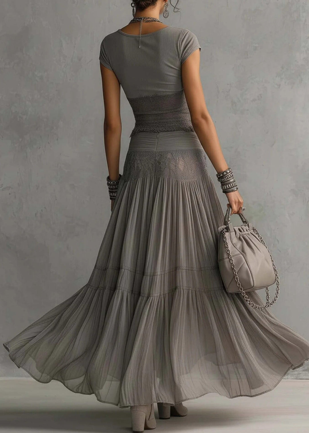 Women Grey Lace Patchwork Tops And Skirts Cotton Two Pieces Set Summer