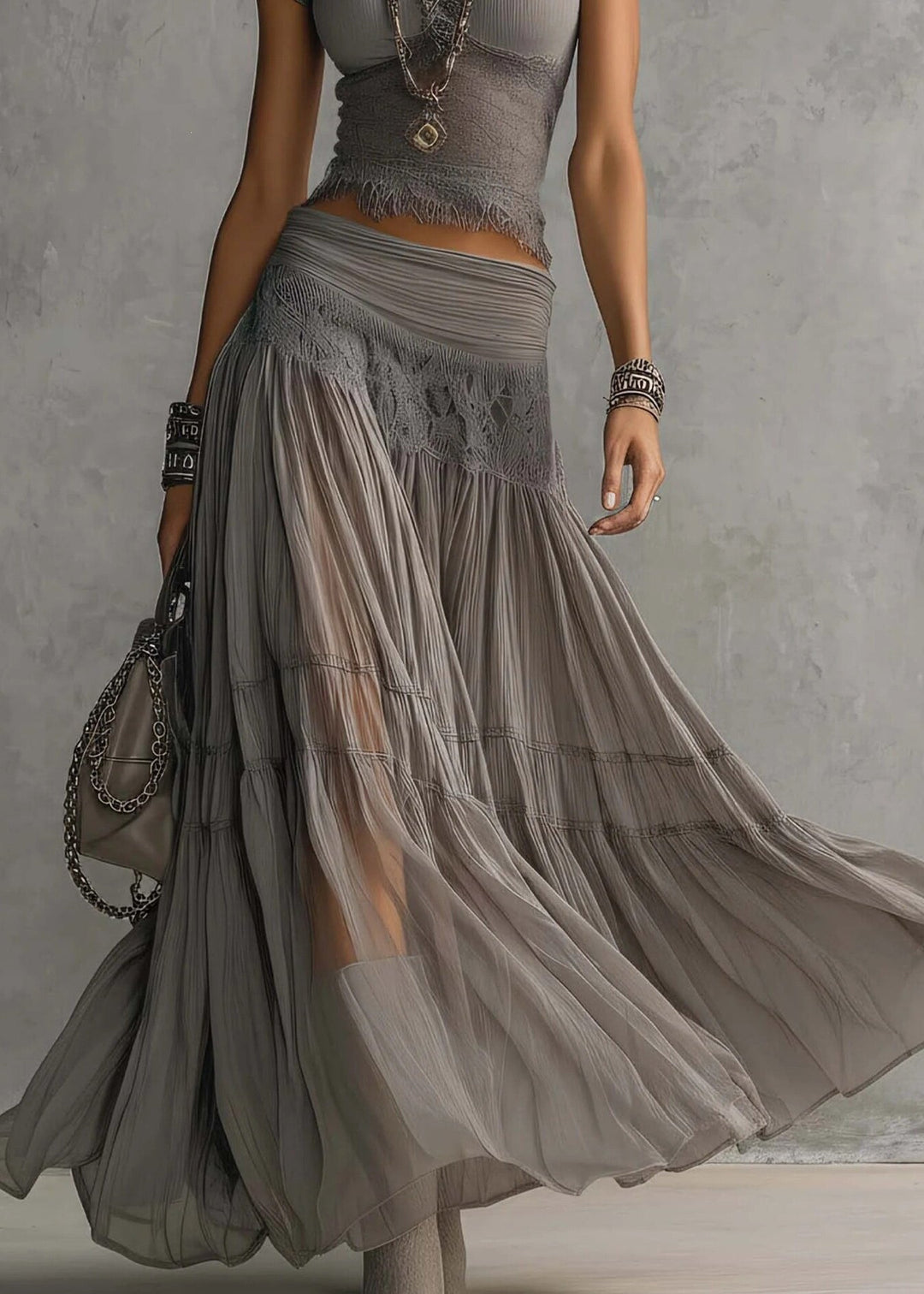 Women Grey Lace Patchwork Tops And Skirts Cotton Two Pieces Set Summer