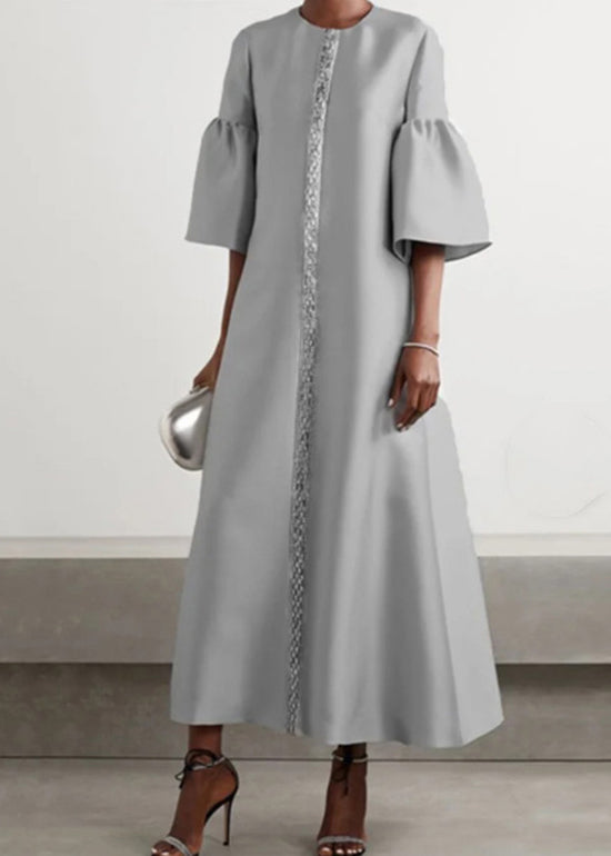 Women Grey O Neck Patchwork Cotton Long Dress Summer