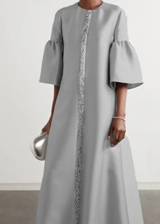 Women Grey O Neck Patchwork Cotton Long Dress Summer