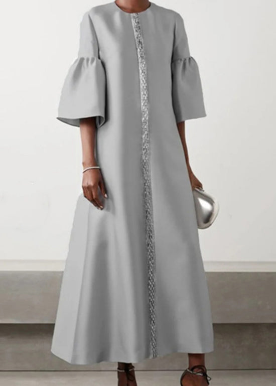 Women Grey O Neck Patchwork Cotton Long Dress Summer