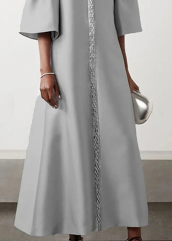Women Grey O Neck Patchwork Cotton Long Dress Summer