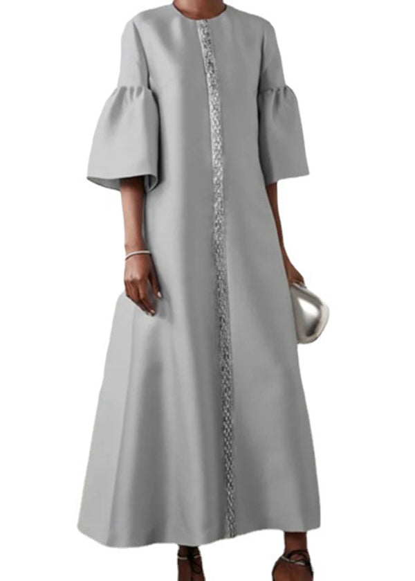 Women Grey O Neck Patchwork Cotton Long Dress Summer