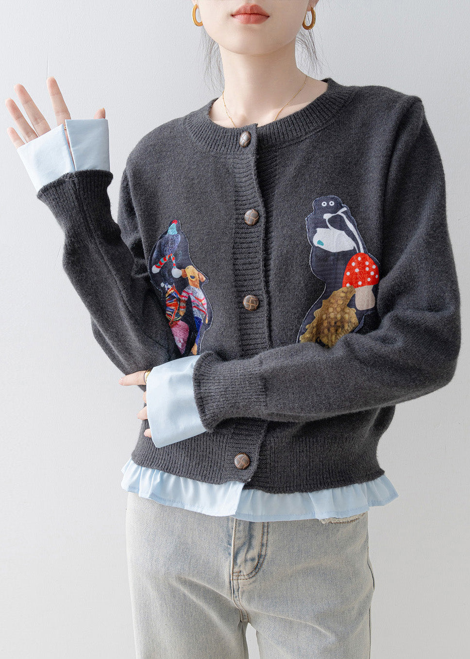 Women Grey Oversized Patchwork Knit Fake Two Piece Cardigan Winter