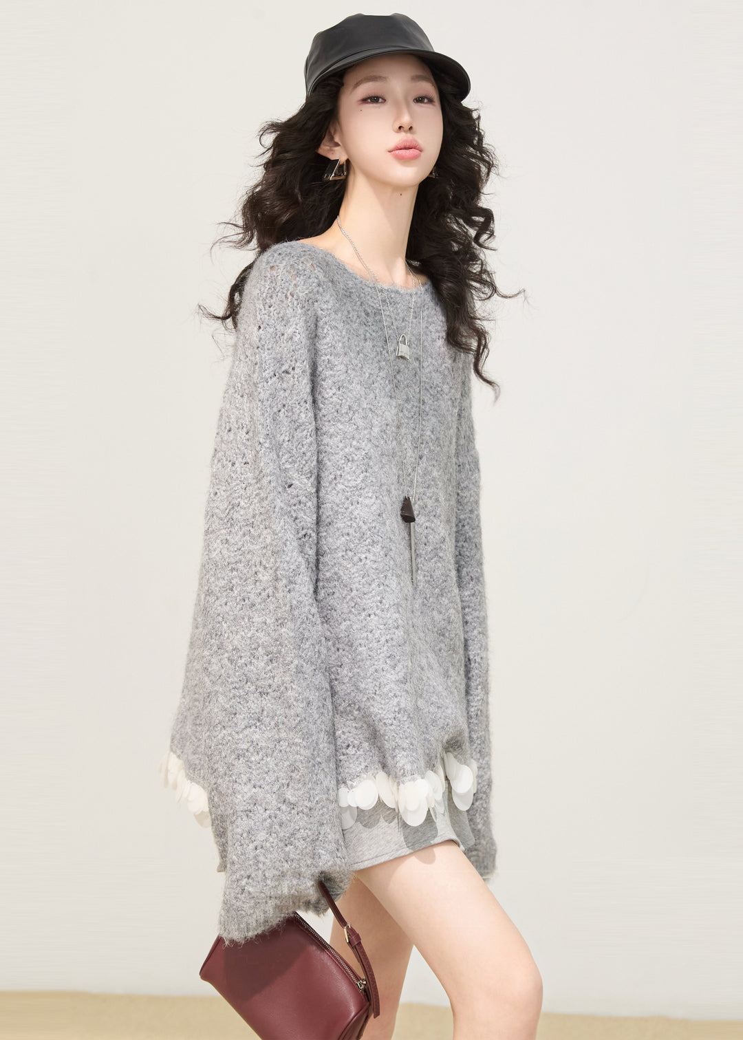 Women Grey Oversized Patchwork Knit Sweaters Winter