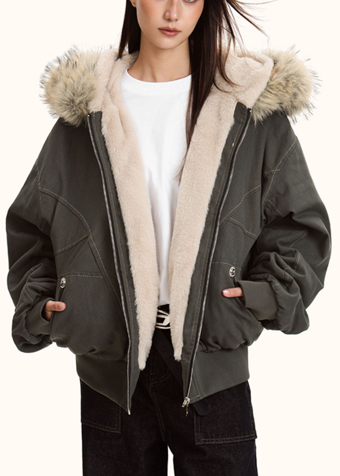 Women Grey Oversized Patchwork Warm Fleece Hoodies Outwear Winter