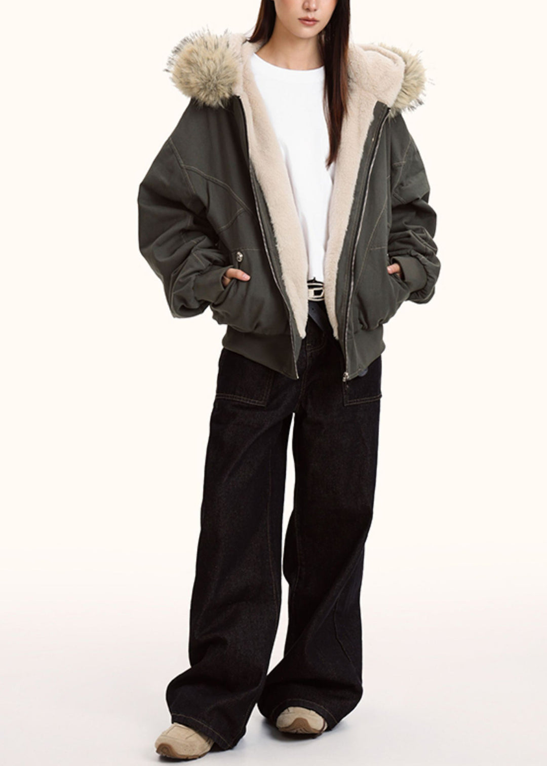 Women Grey Oversized Patchwork Warm Fleece Hoodies Outwear Winter