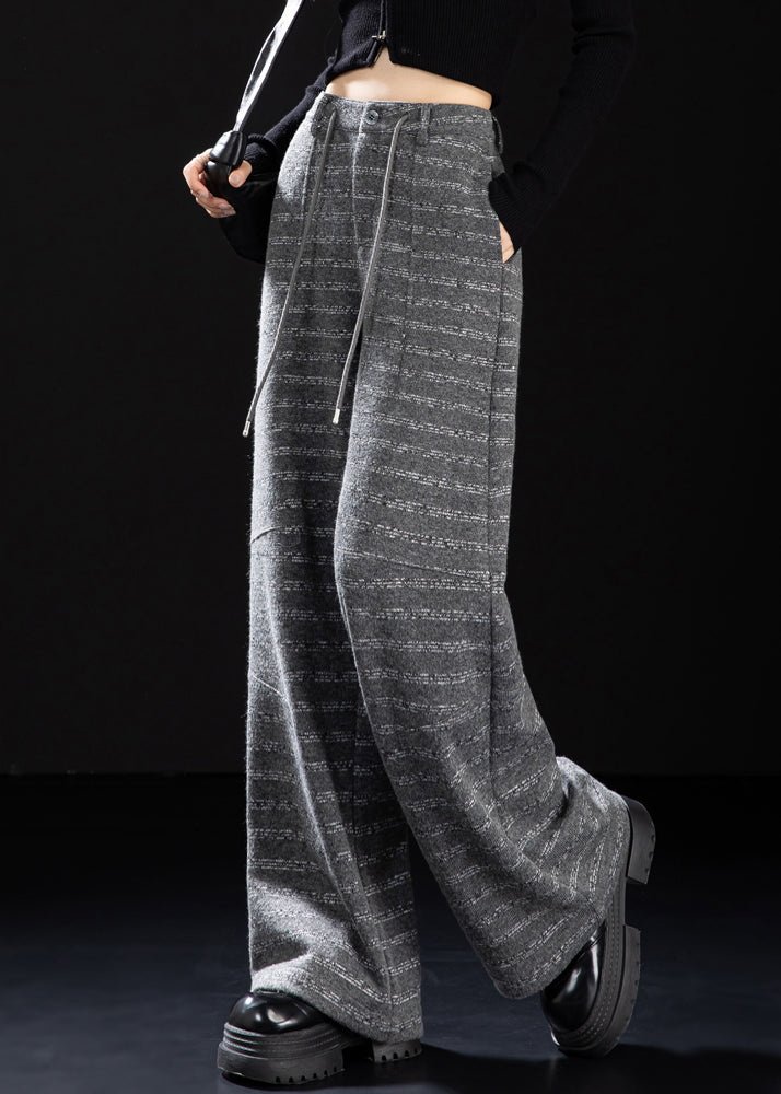 Women Grey Oversized Striped Woolen Straight Pants Winter