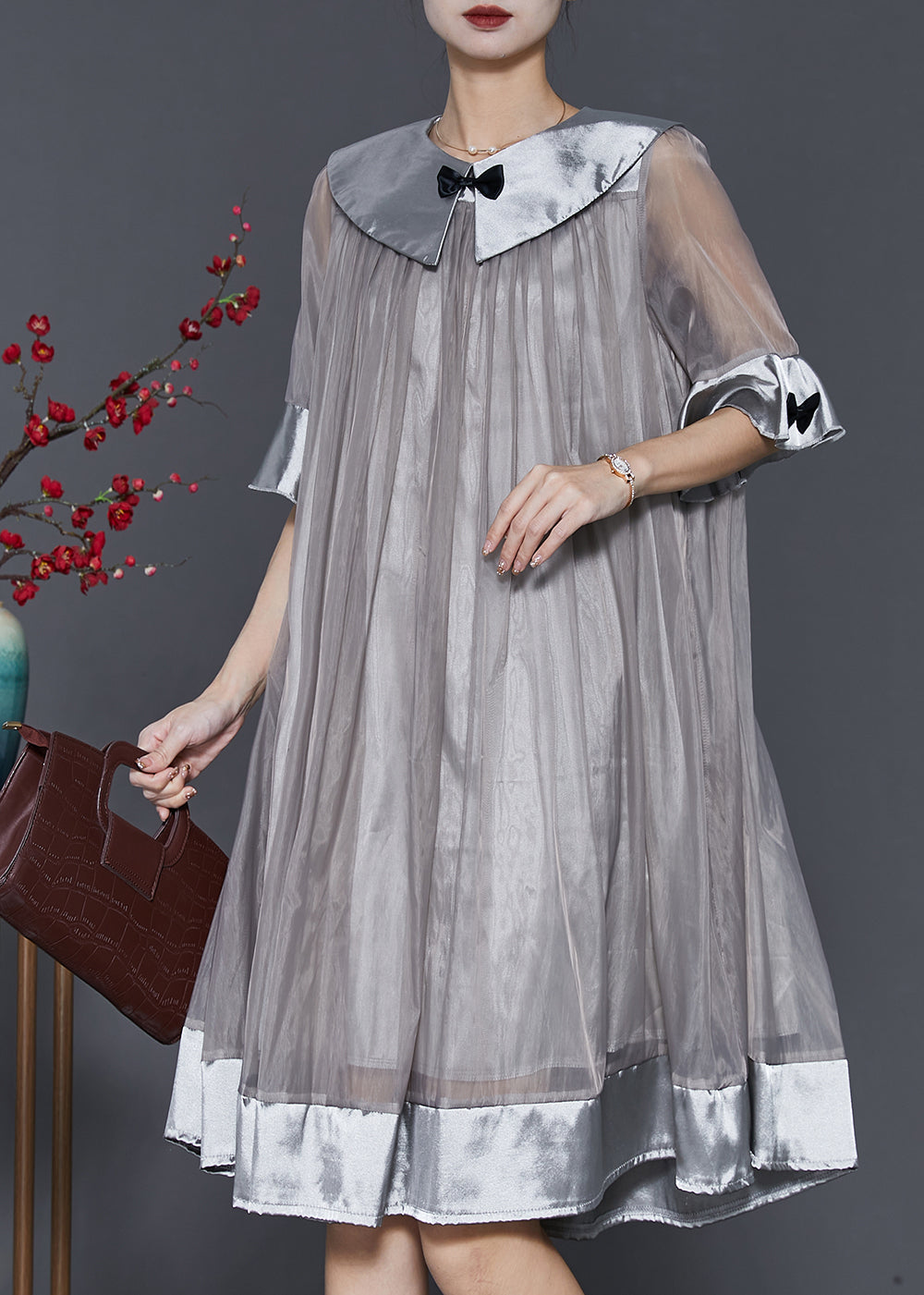 Women Grey Patchwork Bow Tulle Robe Dresses Summer