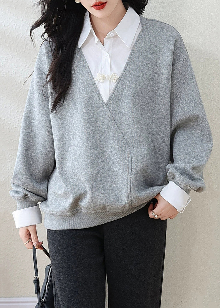 Women Grey Peter Pan Collar False Two Pieces Patchwork Cotton Sweatshirt Fall
