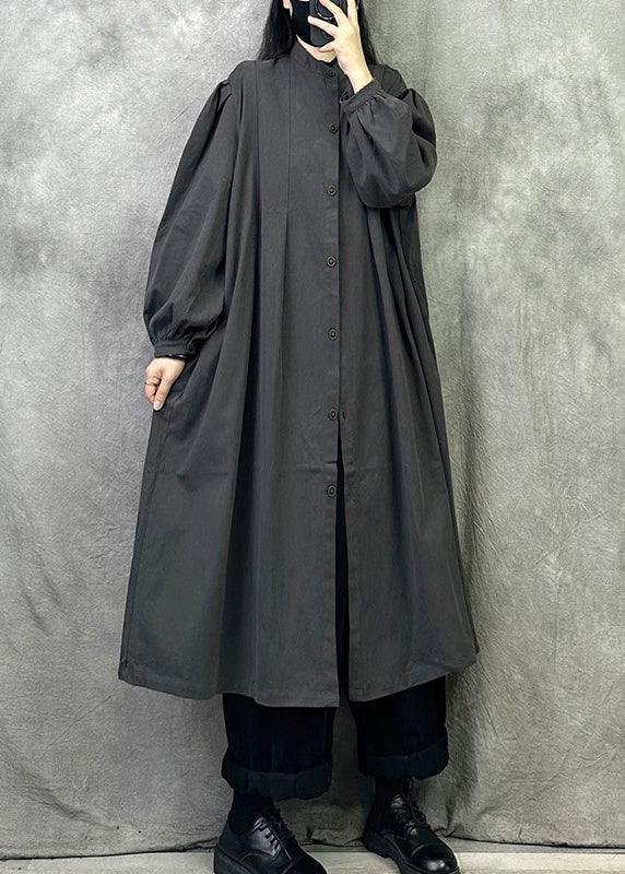 Women Grey Pockets Button Patchwork Loose Cotton Trench Fall