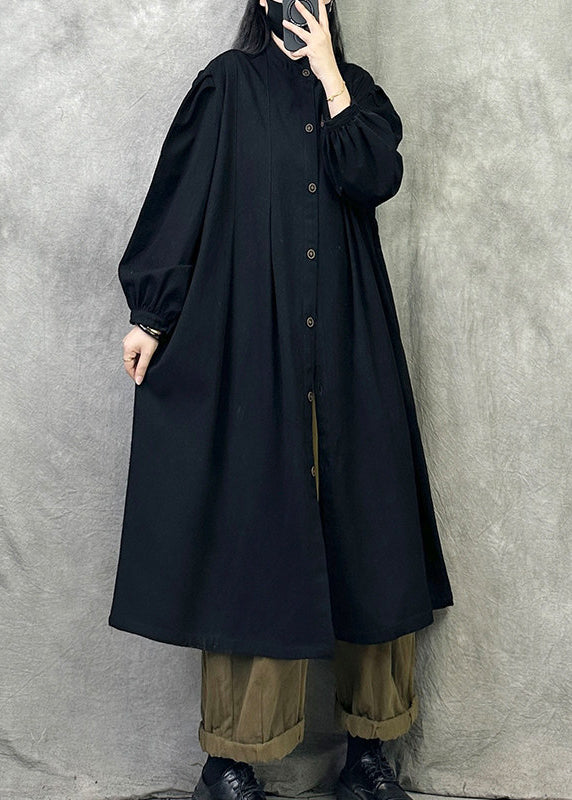 Women Grey Pockets Button Patchwork Loose Cotton Trench Fall