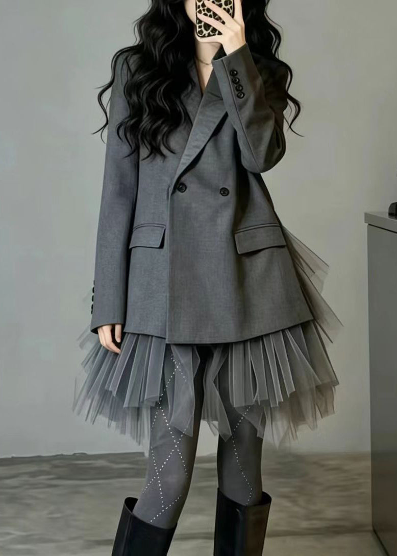 Women Grey Pockets Fake Two Piece Patchwork Tulle Blazer Jackets Fall