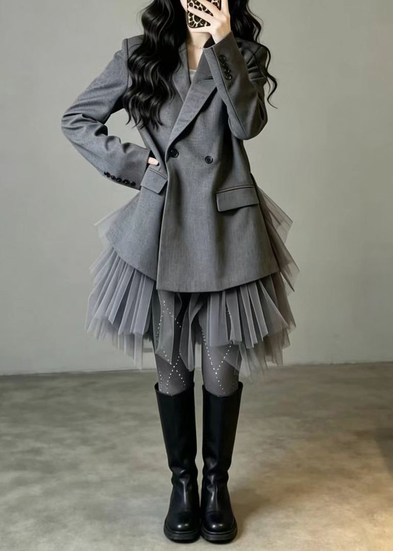 Women Grey Pockets Fake Two Piece Patchwork Tulle Blazer Jackets Fall