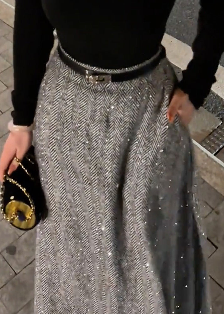 Women Grey Pockets High Waist Woolen Skirt Fall