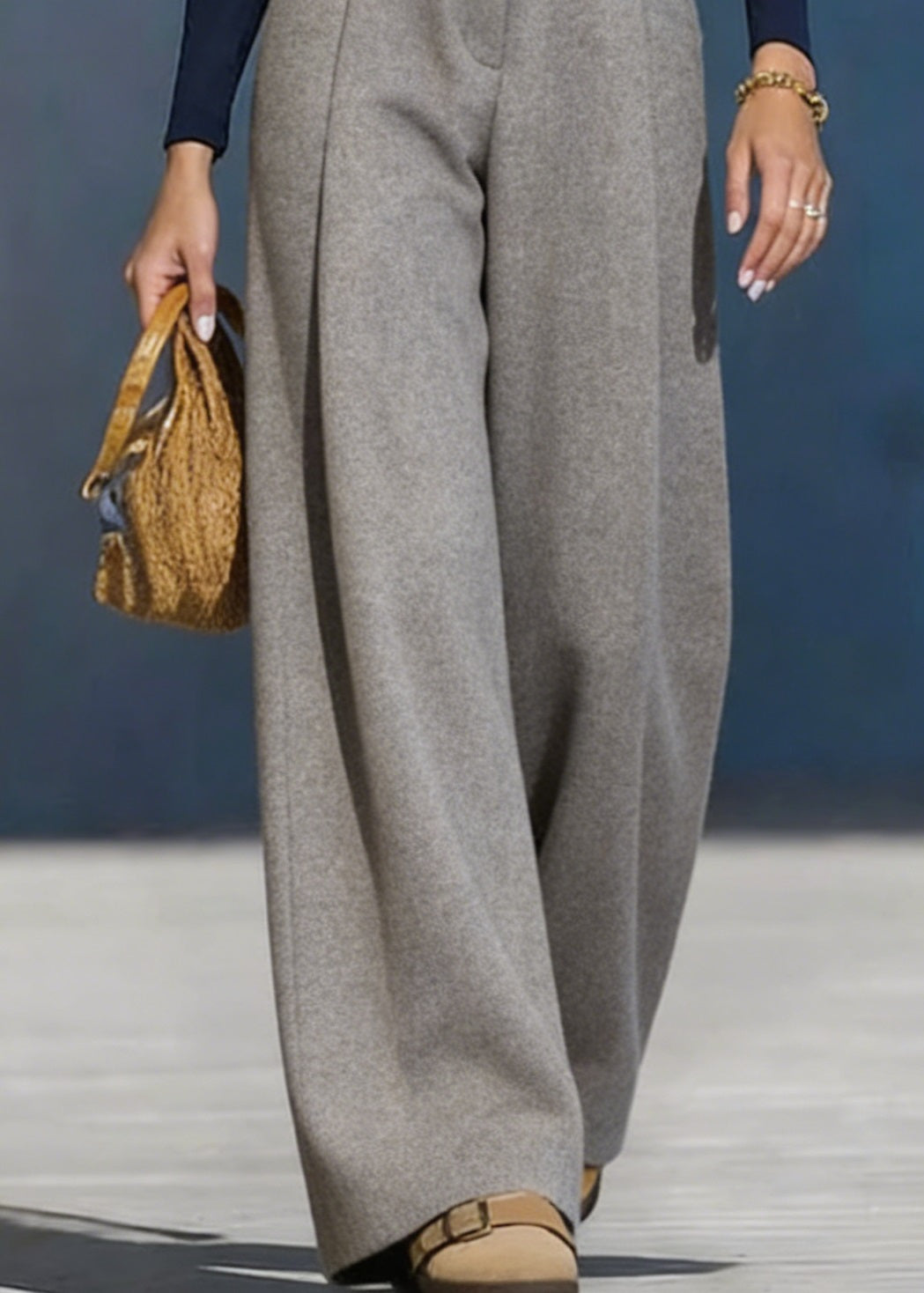 Women Grey Pockets Woolen Wide Leg Pants Spring