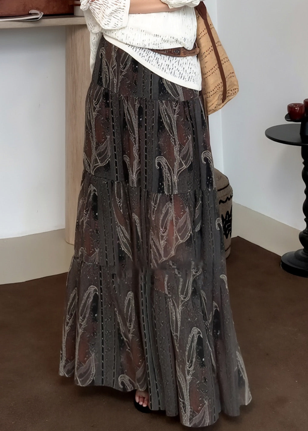 Women Grey Print Draping Chiffon Skirts Spring